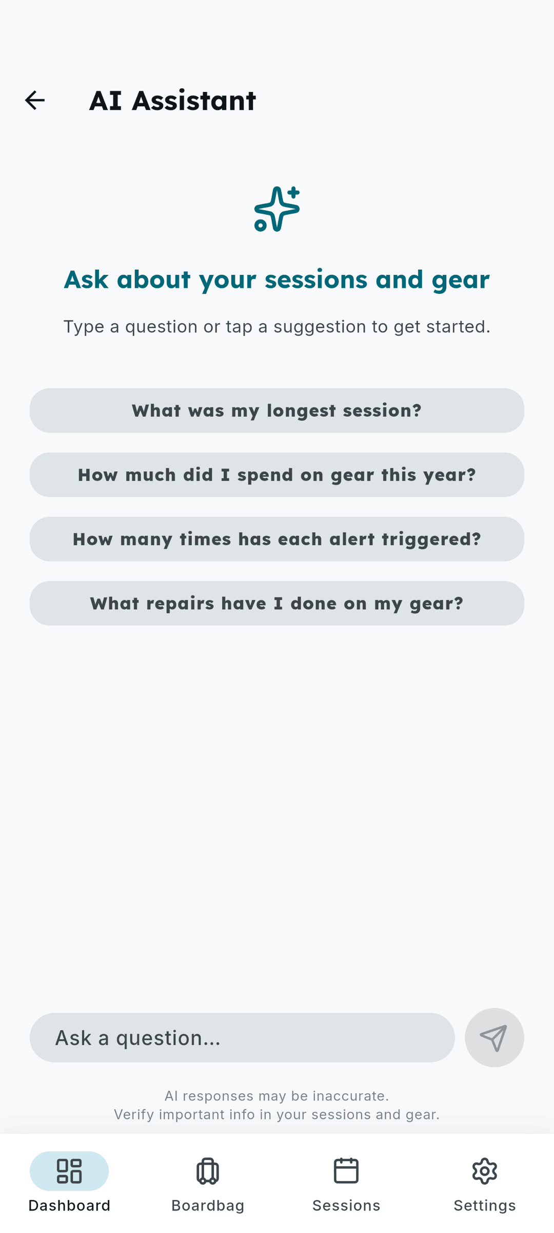 Screenshot of the AI Assistant answering questions about your gear, usage, and costs