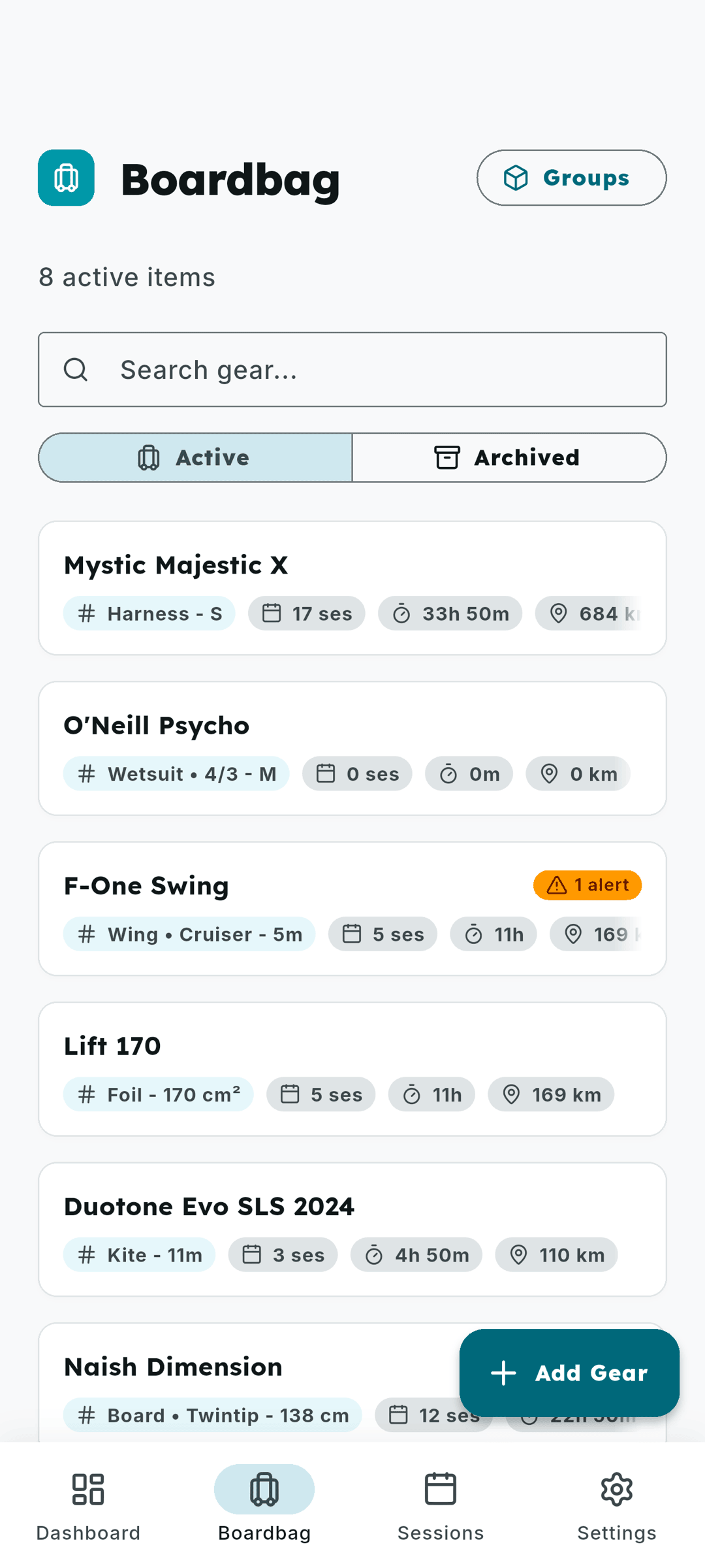 Screenshot of your gear list